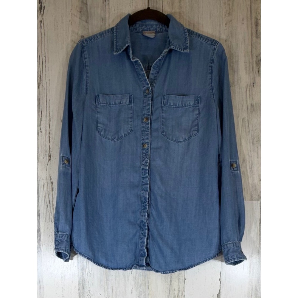 Chicos Button Up Shirt Size 0 Small Blue Tencel Lyocell Roll Tab Chambray READ